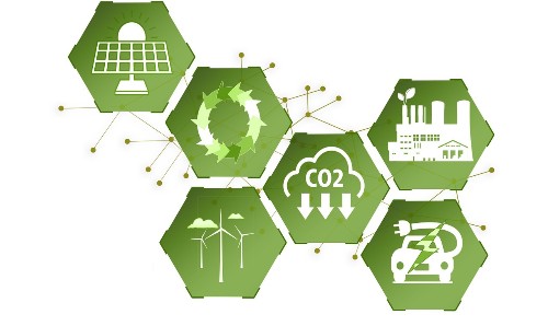 Illustration showing renewable energy, CO₂ reduction, recycling, and green technology icons representing carbon capture and storage.